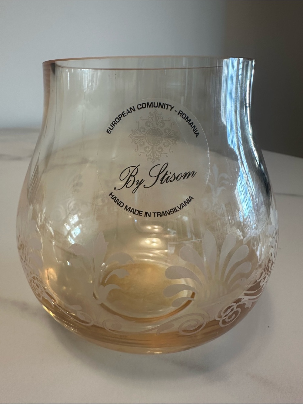 Vintage Stisom Handmade Transilvania Floral Etched Amber Glass Accent Vase